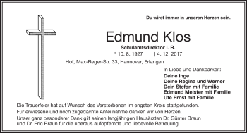 Traueranzeige von Edmund Klos von Frankenpost