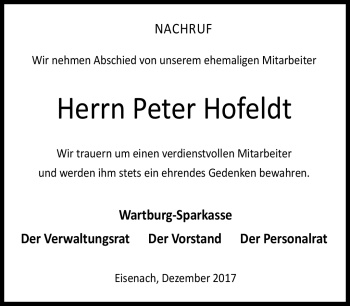 Traueranzeige von Peter Hofeld von Südthüringer Presse