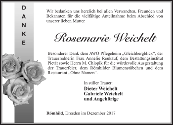 Traueranzeige von Rosemarie Weichelt von Südthüringer Presse