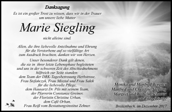 Traueranzeige von Marie Siegling von Südthüringer Presse