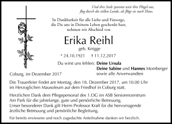 Traueranzeige von Erika Reihl von Neue Presse Coburg