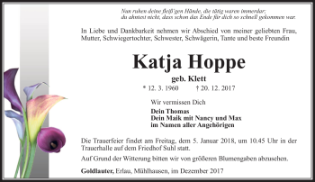 Traueranzeige von Katja Hoppe von Südthüringer Presse