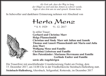 Traueranzeige von Herta Menz von Südthüringer Presse