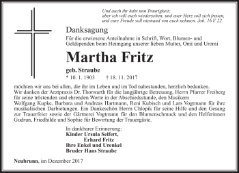 Traueranzeige von Martha Fritz von Südthüringer Presse