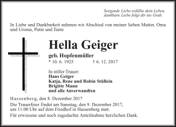 Traueranzeige von Hella Geiger von Neue Presse Coburg
