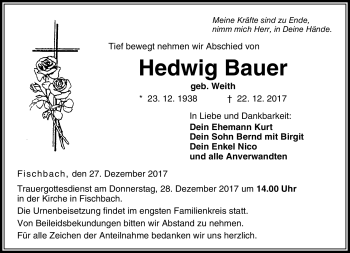 Traueranzeige von Hedwig Bauer von Neue Presse Coburg