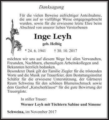 Traueranzeige von Inge Leyh von Südthüringer Presse
