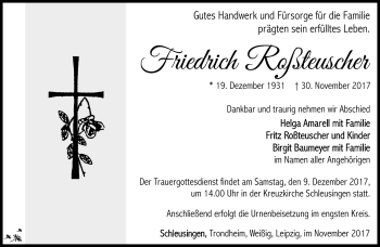 Traueranzeige von Friedrich Roßteuscher von Südthüringer Presse
