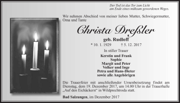 Traueranzeige von Christa Dreßler von Südthüringer Presse