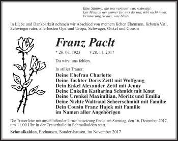 Traueranzeige von Franz Paclt von Südthüringer Presse