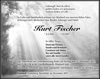 Traueranzeige von Kurt Fischer von Südthüringer Presse