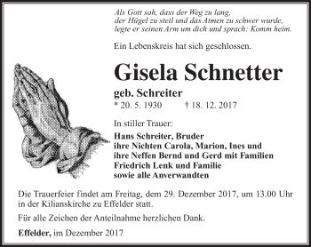 Traueranzeige von Gisela Schnetter von Südthüringer Presse