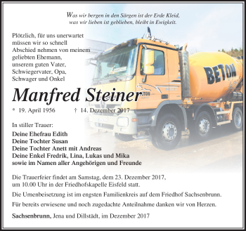 Traueranzeige von Manfred Steiner von Südthüringer Presse
