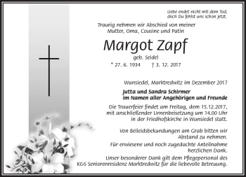 Traueranzeige von Margot Zapf von Frankenpost