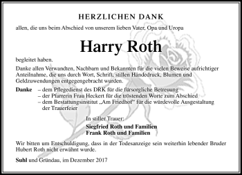 Traueranzeige von Harry Roth von Südthüringer Presse