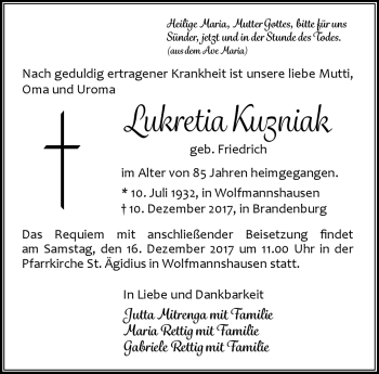 Traueranzeige von Lukretia Kuzniak von Südthüringer Presse