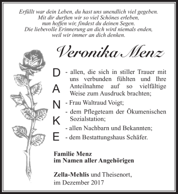 Traueranzeige von Veronika Menz von Südthüringer Presse