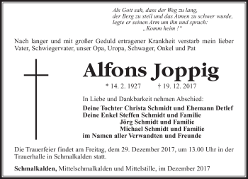 Traueranzeige von Alfons Joppig von Südthüringer Presse