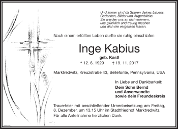 Traueranzeige von Inge Kabius von Frankenpost