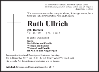Traueranzeige von Ruth Ullrich von Südthüringer Presse