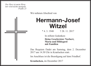 Traueranzeige von Hermann-Josef Witzel von Südthüringer Presse