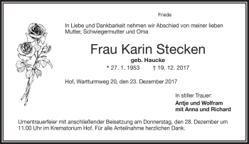 Traueranzeige von Karin Stecken von Frankenpost