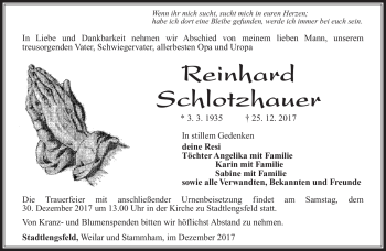Traueranzeige von Reinhard Schlotzhauer von Südthüringer Presse