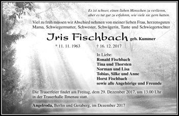 Traueranzeige von Iris Fischbach von Südthüringer Presse