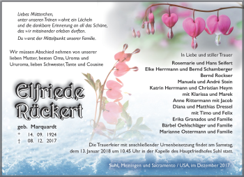 Traueranzeige von Elfriede Rückert von Südthüringer Presse