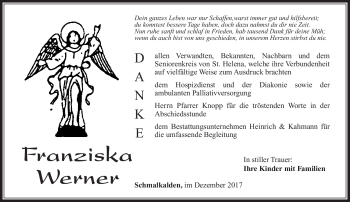 Traueranzeige von Franziska Werner von Südthüringer Presse