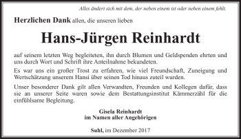 Traueranzeige von Hans-Jürgen Reinhardt von Südthüringer Presse