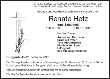 Traueranzeige von Renate Hetz von Neue Presse Coburg