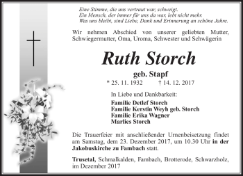 Traueranzeige von Ruth Storch von Südthüringer Presse