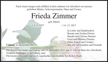 Traueranzeige von Frieda Zimmer von Neue Presse Coburg