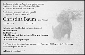 Traueranzeige von Christina Baum von Südthüringer Presse