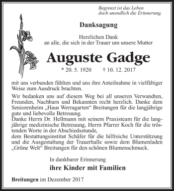 Traueranzeige von Auguste Gadge von Südthüringer Presse