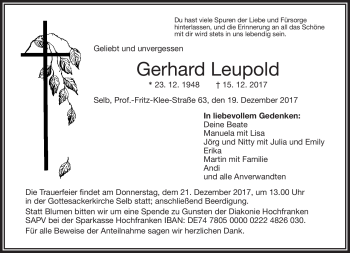Traueranzeige von Gerhard Leupold von Frankenpost