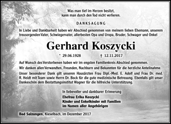 Traueranzeige von Gerhard Koszycki von Südthüringer Presse