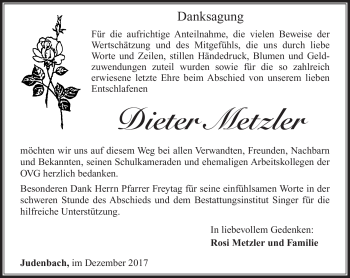 Traueranzeige von Dieter Metzler von Südthüringer Presse