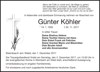 Traueranzeige von Günter Köhler von Neue Presse Coburg