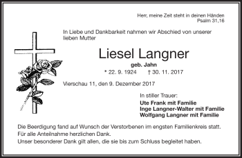 Traueranzeige von Liesel Langer von Frankenpost