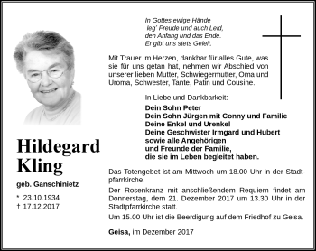 Traueranzeige von Hildegard Kling von Südthüringer Presse