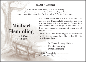 Traueranzeige von Michael Hemmling von Südthüringer Presse