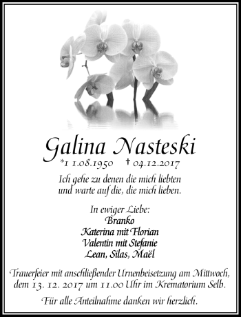 Traueranzeige von Galina Nasteski von Frankenpost