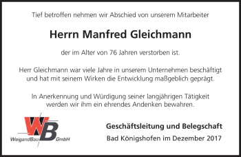 Traueranzeige von Manfred Gleichmann von Südthüringer Presse