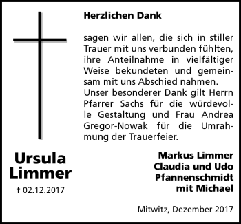 Traueranzeige von Ursula Limmer von Neue Presse Coburg