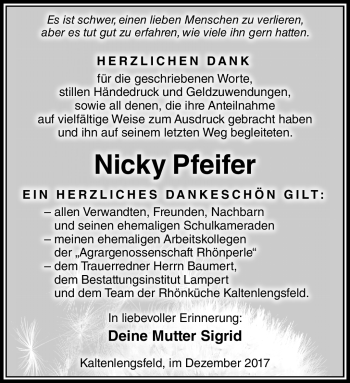Traueranzeige von Nicky Pfeifer von Südthüringer Presse