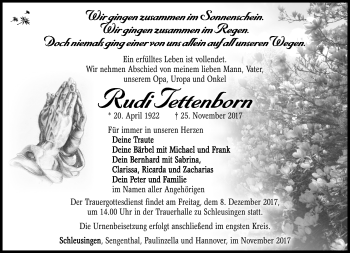 Traueranzeige von Rudi Tettenborn von Südthüringer Presse