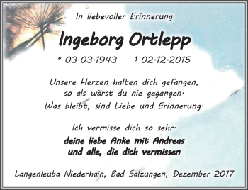 Traueranzeige von Ingeborg Ortlepp von Südthüringer Presse