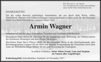Traueranzeige von ARmin Wagner von Südthüringer Presse